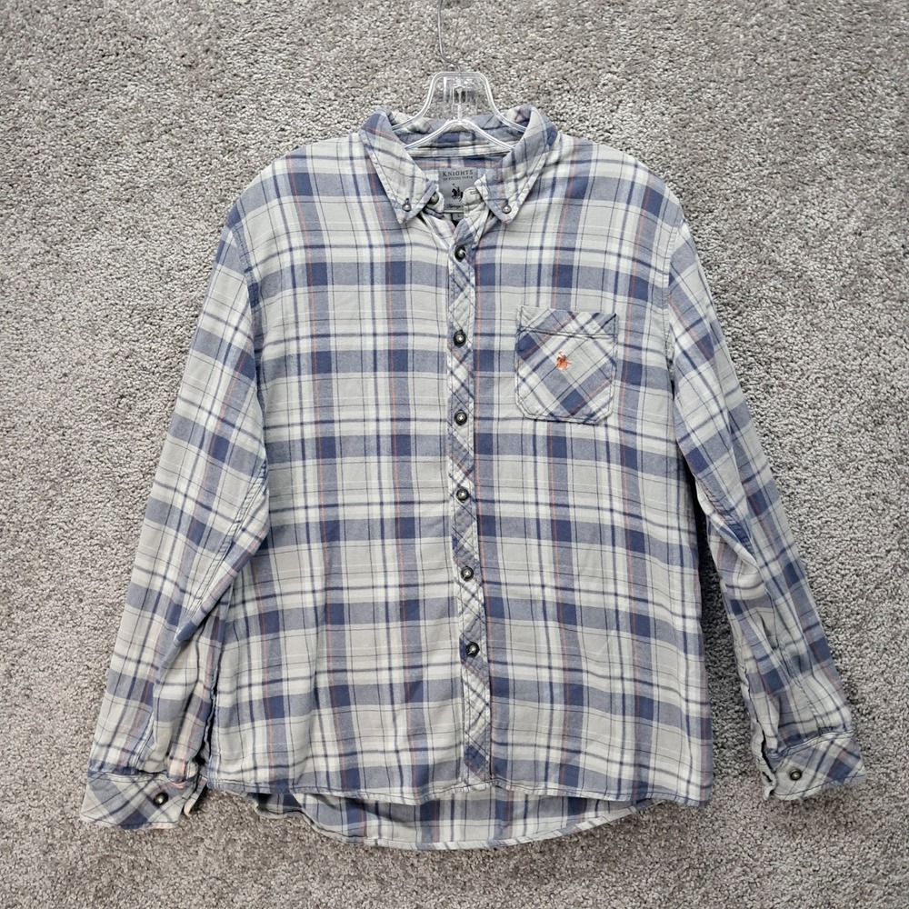 Knights of Round Table Men Blue Grey Plaid Long Sleeve Button Down Shirt Large